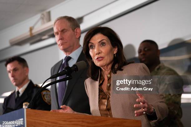 New York Governor Kathy Hochul speaks during a press conference to announce new subway safety measures at NYCTA Rail Control Center on March 6, 2024...