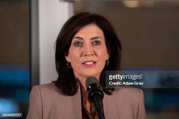 New York Governor Kathy Hochul speaks during a press conference to announce new subway safety measures at NYCTA Rail Control Center on March 6, 2024...