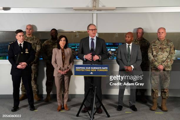 Chair and CEO Janno Lieber speaks alongside New York Governor Kathy Hochul during a press conference to announce new subway safety measures at NYCTA...