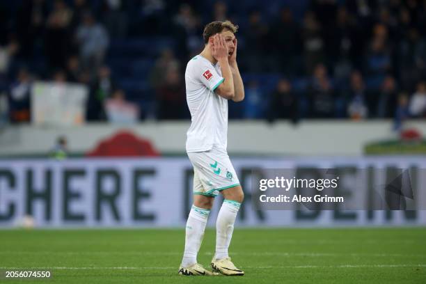 Senne Lynen of SV Werder Bremen reacts afterg the Bundesliga match between TSG Hoffenheim and SV Werder Bremen at PreZero-Arena on March 03, 2024 in...