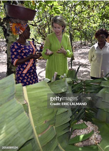 Queen Mathilde of Belgium pictured during a visit to a Cocoa plantation in Meagui, during a royal working visit to Ivory Coast, in San Pedro,...