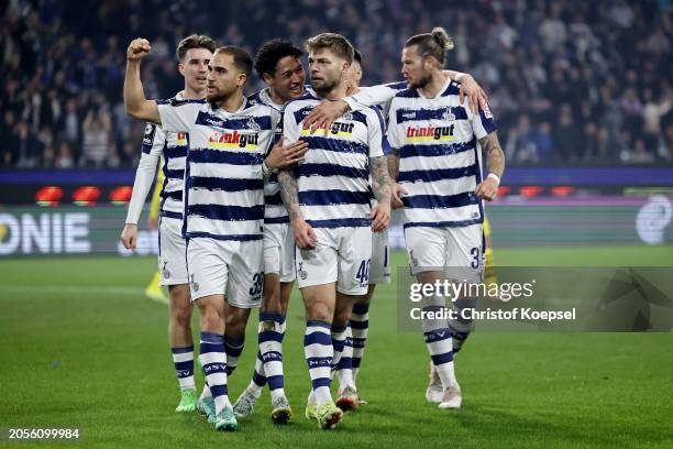 Alexander Esswein of Duisburg celebrates the first goal with his team mates during the 3. Liga match between MSV Duisburg and Borussia Dortmund II at...