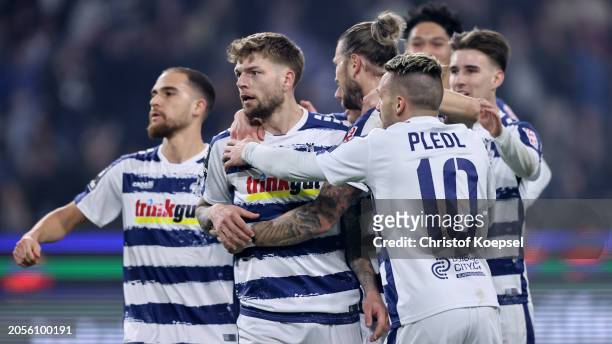 Alexander Esswein of Duisburg celebrates the first goal with his team mates during the 3. Liga match between MSV Duisburg and Borussia Dortmund II at...