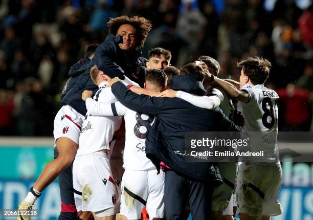 Bologna FC players celebrate following the team's victory in the Serie A TIM match between Atalanta BC and Bologna FC - Serie A TIM at Gewiss Stadium...