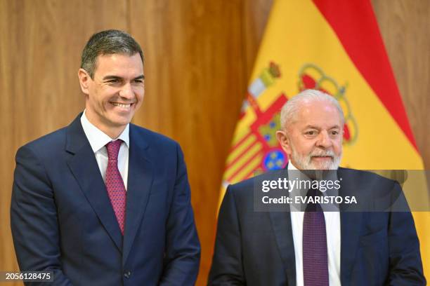 Spanish Prime Minister Pedro Sanchez and Brazilian President Luiz Inacio Lula da Silva are pictured during a joint press conference at Planalto...