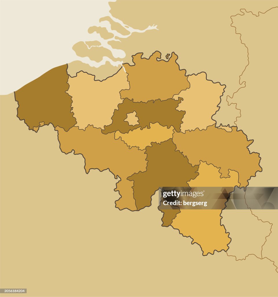 Mapa muy detallado de Bélgica con regiones y fronteras nacionales de Países Bajos, Alemania, Luxemburgo, Francia