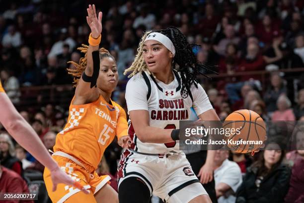 Jasmine Powell of the Tennessee Lady Vols guards Te-Hina Paopao of the South Carolina Gamecocks in the third quarter during their game at Colonial...