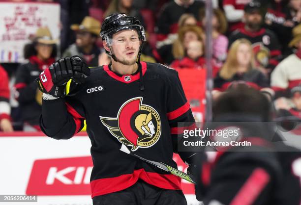 Vladimir Tarasenko of the Ottawa Senators as a laugh during warmup prior to a game against the Arizona Coyotes at Canadian Tire Centre on March 1,...