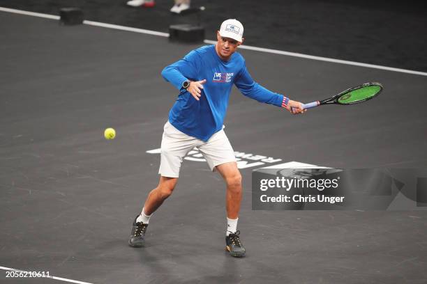 Bob Bryan in action during The Netflix Slam at Michelob ULTRA Arena on March 03, 2024 in Las Vegas, Nevada.