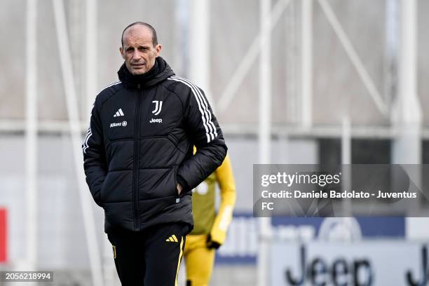 Massimiliano Allegri of Juventus during a training session at JTC on March 6, 2024 in Turin, Italy.