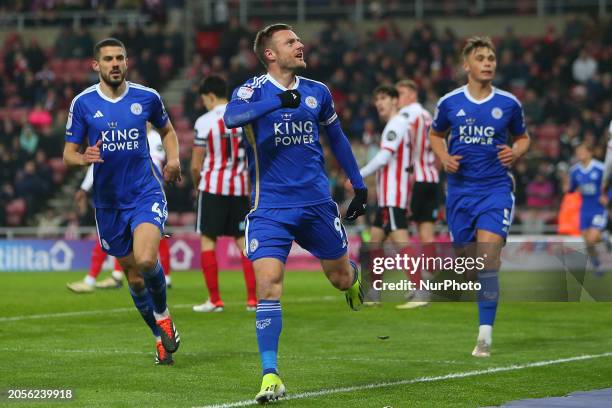 Jamie Vardy is celebrating his goal during the Sky Bet Championship match between Sunderland and Leicester City at the Stadium of Light in...