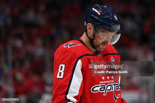 Alex Ovechkin of the Washington Capitals reacts against the Arizona Coyotes during the second period at Capital One Arena on March 03, 2024 in...
