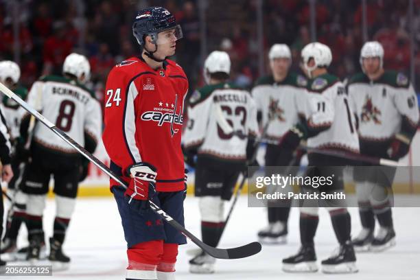Connor McMichael of the Washington Capitals reacts after Jason Zucker of the Arizona Coyotes scored a goal during the second period at Capital One...
