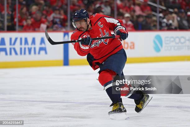 Alex Ovechkin of the Washington Capitals shoot the puck against the Arizona Coyotes during the second period at Capital One Arena on March 03, 2024...