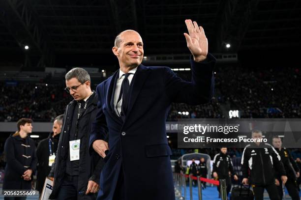 Massimiliano Allegri, Head Coach of Juventus, waves prior to the Serie A TIM match between SSC Napoli and Juventus at Stadio Diego Armando Maradona...