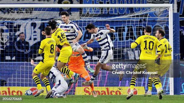 Antonios Papadopoulos of Dortmund scores his first goal during the 3. Liga match between MSV Duisburg and Borussia Dortmund II at...
