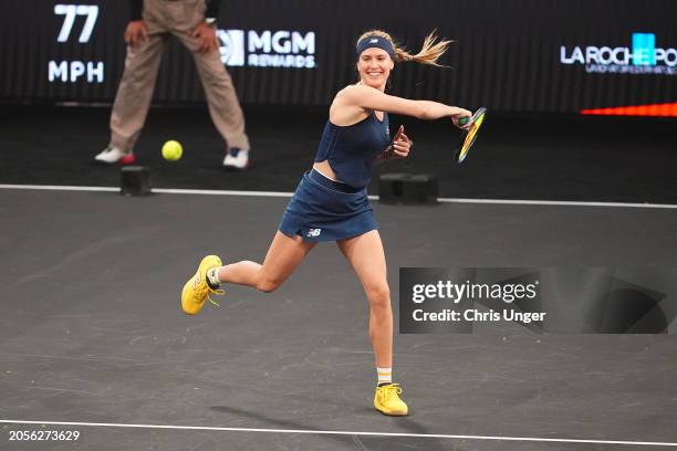 Genie Bouchard in action during The Netflix Slam at Michelob ULTRA Arena on March 03, 2024 in Las Vegas, Nevada.