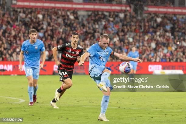 Rhyan Grant of Sydney FC clears the ball during the A-League Men round 19 match between Western Sydney Wanderers and Sydney FC at CommBank Stadium,...