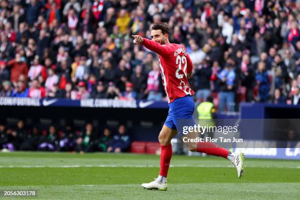 Mario Hermoso of Atletico de Madrid celebrates after the team's first goal during the LaLiga EA Sports match between Atletico Madrid and Real Betis...