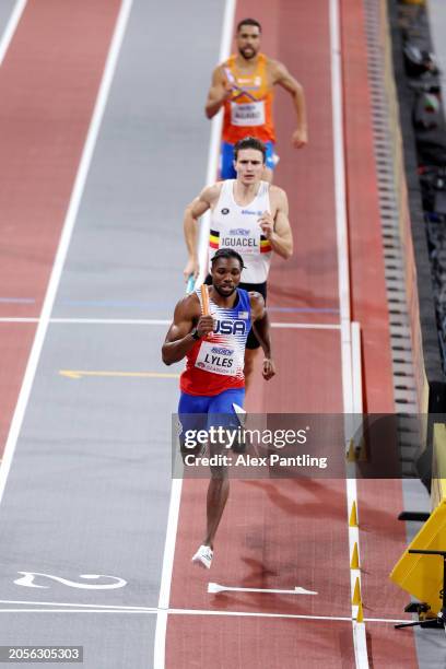 Noah Lyles of Team United States comperes in the Men's 4x400 Metres Relay Final on Day Three of the World Athletics Indoor Championships Glasgow 2024...