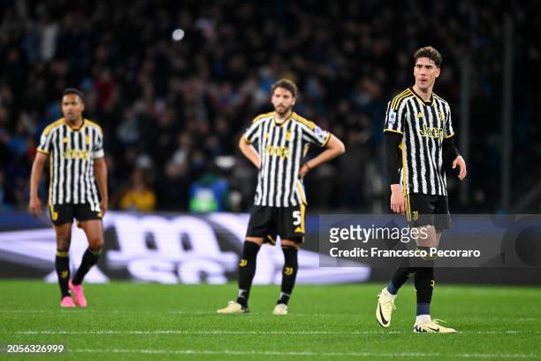 Dusan Vlahovic of Juventus looks dejected after Khvicha Kvaratskhelia of SSC Napoli scores his team's first goal during the Serie A TIM match between...