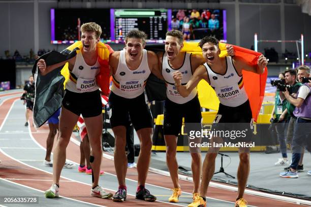 Gold medalists Alexander Doom, Christian Iguacel, Dylan Borlee and Jonathan Sacoor and of Team Belgium pose for a photo after winning in the Men's...