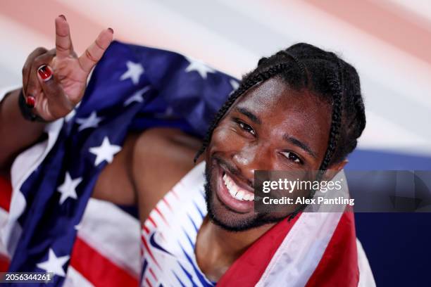 Silver medalist Noah Lyles of Team United States poses for a photo after the Men's 4x400 Metres Relay Final on Day Three of the World Athletics...