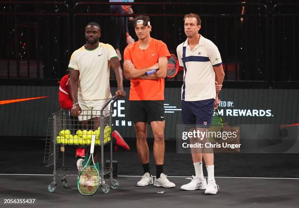 Frances Tiafoe, Taylor Fritz and Sam Querrey attend the Ace Challenge during The Netflix Slam at Michelob ULTRA Arena on March 03, 2024 in Las Vegas,...