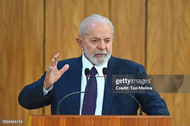 President of Brazil Luiz Inácio Lula da Silva speaks at a press conference during the visit of the Prime Minister of Spain, Pedro Sanchez, after a...