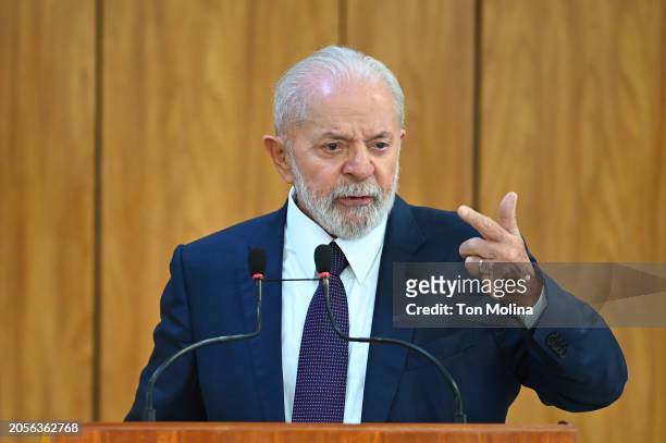 President of Brazil Luiz Inácio Lula da Silva speaks at a press conference during the visit of the Prime Minister of Spain, Pedro Sanchez, after a...