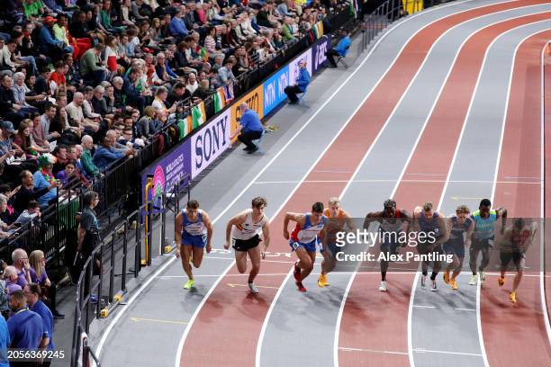 Athletes begin the 1000 Metres leg in the Heptathlon on Day Three of the World Athletics Indoor Championships Glasgow 2024 at Emirates Arena on March...