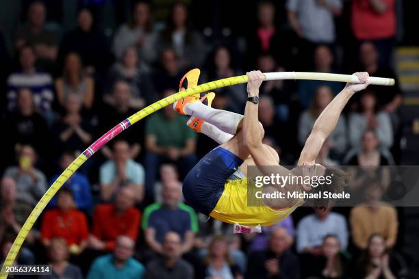 Armand Duplantis of Team Sweden competes in the Men's Pole Vault Final on Day Three of the World Athletics Indoor Championships Glasgow 2024 at...