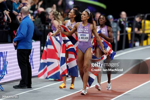 Bronze medalist Laviai Nielsen celebrates after the Women's 4x400 Metres Relay Final on Day Three of the World Athletics Indoor Championships Glasgow...