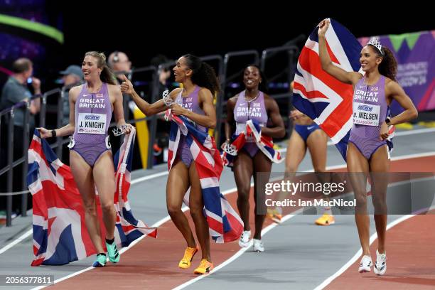 Bronze medalists Jessie Knight, Lina Nielsen, Ama Pipi and Laviai Nielsen of Team Great Britain celebrate after the Women's 4x400 Metres Relay Final...