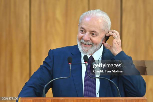 President of Brazil Luiz Inácio Lula da Silva speaks at a press conference during the visit of the Prime Minister of Spain, Pedro Sanchez, after a...