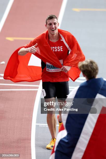 Gold medalist Simon Ehammer of Team Switzerland reacts after the 1000 Metres leg in the Heptathlon on Day Three of the World Athletics Indoor...