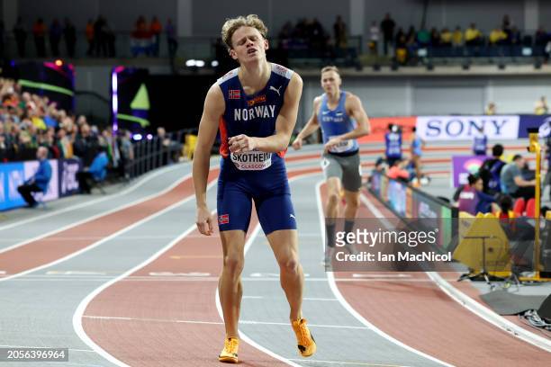 Silver medalist Sander Skotheim of Team Norway reacts after winning the 1000 Metres leg in the Heptathlon on Day Three of the World Athletics Indoor...