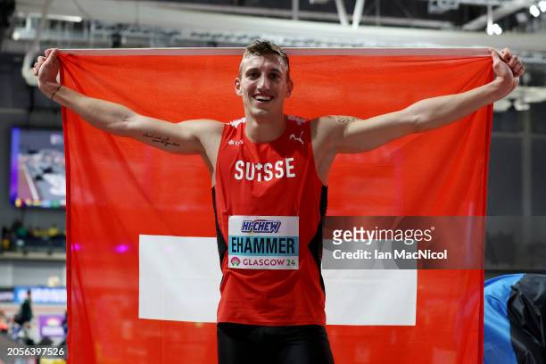 Gold medalist Simon Ehammer of Team Switzerland poses for a photo after the 1000 Metres leg in the Heptathlon on Day Three of the World Athletics...