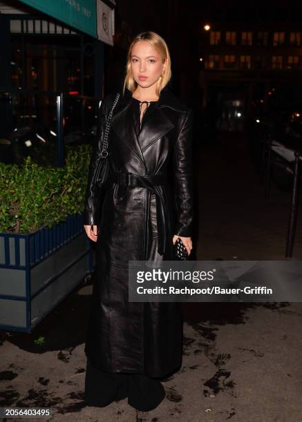 Lila Moss is seen arriving to the Frame Paris Fashion Week dinner at Caviar Kaspia on March 03, 2024 in Paris, France.