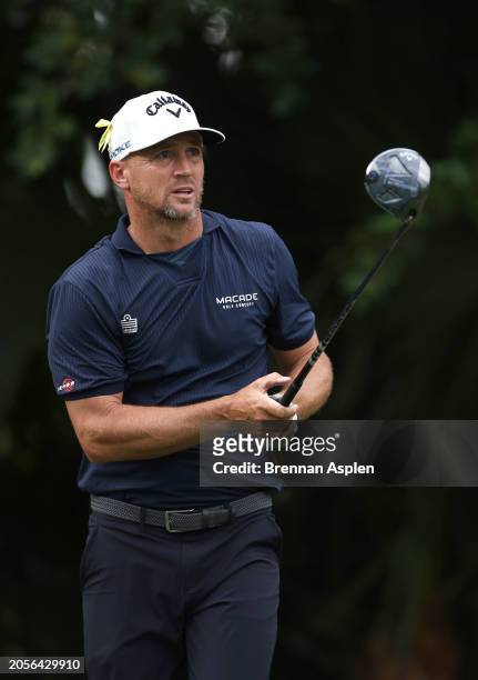 Alex Noren of Sweden plays his shot from the third tee during the final round of The Cognizant Classic in The Palm Beaches at PGA National Resort And...