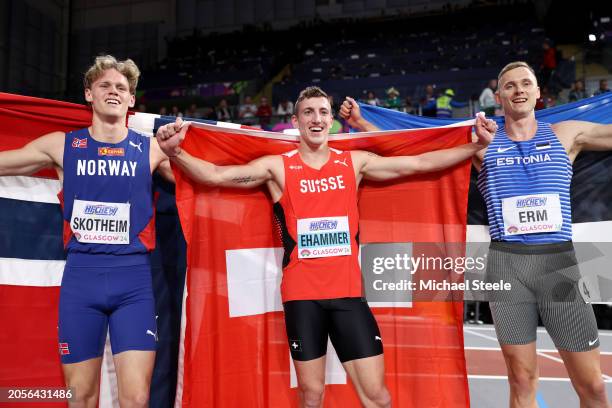 Silver medalist Sander Skotheim of Team Norway, gold medalist Simon Ehammer of Team Switzerland and bronze medalist Johannes Erm of Team Estonia pose...