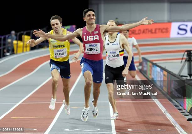 Bryce Hoppel of Team United States celebrates whilst crossing the finish line to win the Men's 800 Metres Final on Day Three of the World Athletics...