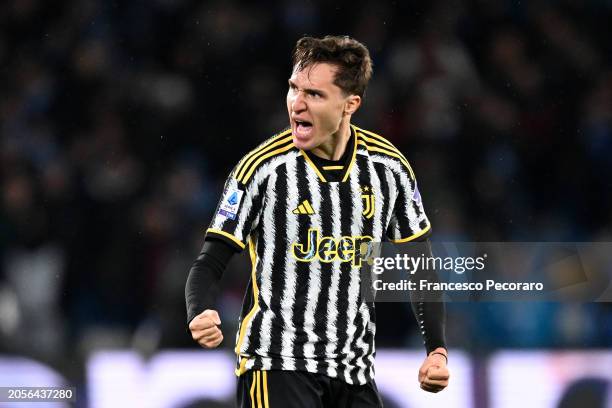 Federico Chiesa of Juventus celebrates scoring his team's first goal during the Serie A TIM match between SSC Napoli and Juventus at Stadio Diego...