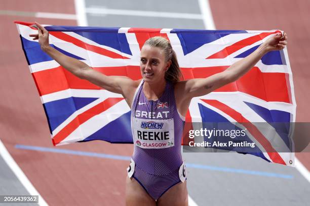 Silver medalist Jemma Reekie of Team Great Britain celebrates after the Women's 800 Metres Final on Day Three of the World Athletics Indoor...