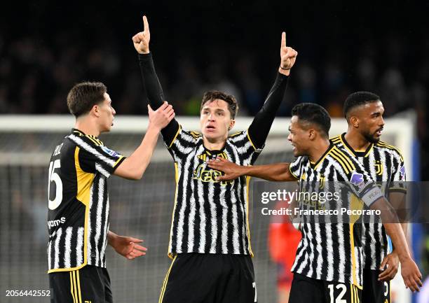 Federico Chiesa of Juventus celebrates scoring his team's first goal during the Serie A TIM match between SSC Napoli and Juventus at Stadio Diego...