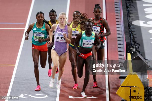 Habitam Alemu of Team Ethiopia, Jemma Reekie of Team Great Britain and Tsige Duguma of Team Ethiopia compete in the Women's 800 Metres Final on Day...