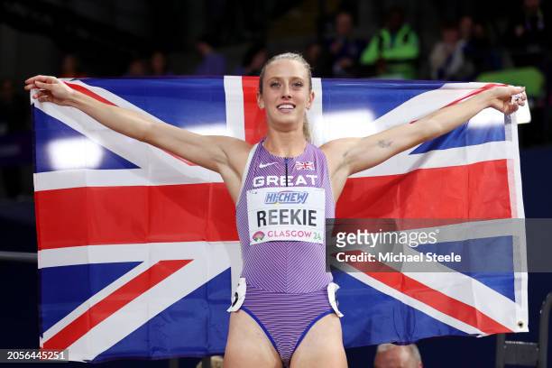 Silver medalist Jemma Reekie of Team Great Britain poses for a photo after the Women's 800 Metres Final on Day Three of the World Athletics Indoor...