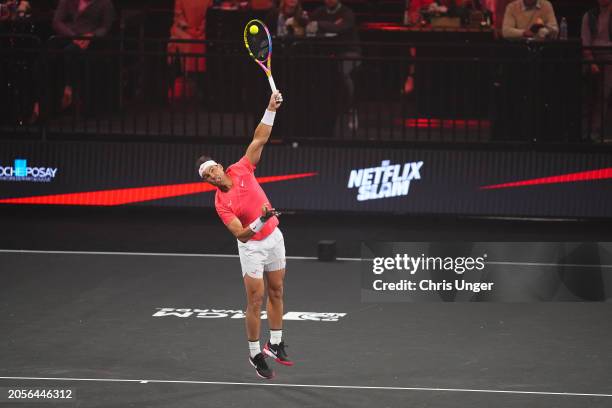 Rafael Nadal in action during The Netflix Slam at Michelob ULTRA Arena on March 03, 2024 in Las Vegas, Nevada.