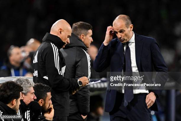 Massimiliano Allegri, Head Coach of Juventus, reacts during the Serie A TIM match between SSC Napoli and Juventus at Stadio Diego Armando Maradona on...