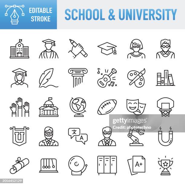 schule & universität - dünner linienvektor-icon-set. pixelgenau. bearbeitbarer strich. für mobilgeräte und web. das set enthält symbole: bildung, lernen, universität, studieren, student, lehre, bildungsausbildung, weisheit, buch, wissenschaft, abschl - amerikanischer universitäts basketball stock-grafiken, -clipart, -cartoons und -symbole